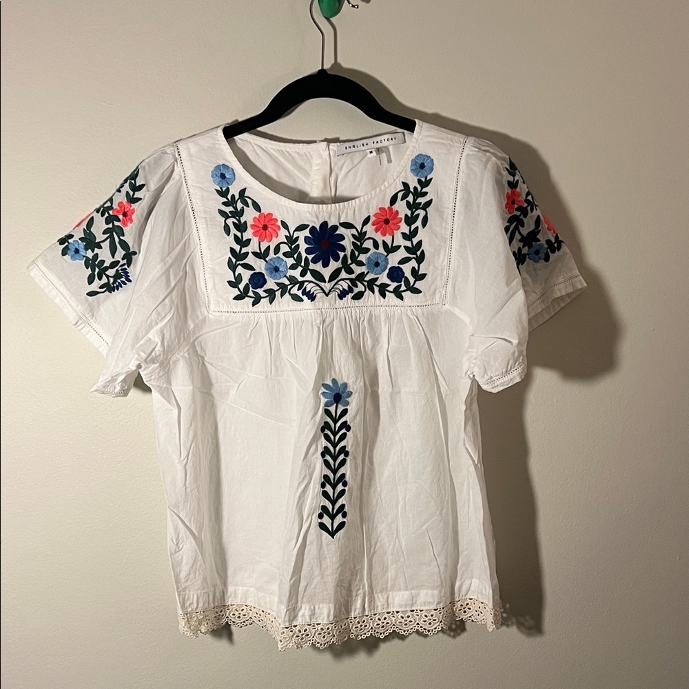 English Factory White Blouse with Floral Embroidery